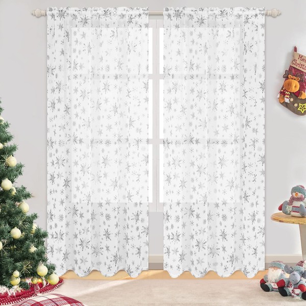 FRAMICS Silver Snowflake Foil Print Sheer Curtains for Living Room,