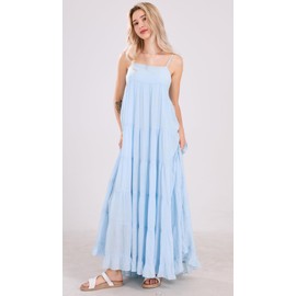 chouyatou Women's Summer Boho Flowy Spaghetti Strap Maxi Dress Smocked Back Casual Swing Beach Sundress (Small, Light Blue)