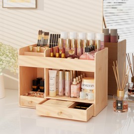 LONTAI Bamboo Makeup Organizer with Drawers, Cosmetic Storage for Lipstick Organizer Beauty Holder Skincare Organizer for Dresser Vanity Bathroom Countertop, No Assembly Required (Natural)