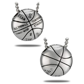 Shields of Strength Woman's Stainless Steel 3-D Mini Basketball Pendant Necklace Inscribed with Philippians Bible Verse - Christian Faith Gifts Sports