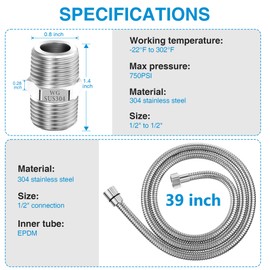 Dreyoo 1 Pack 39 Inch Shower Hose with Shower Extension Connector, Extra Long Handheld Head Hose with Brass Insert and Nut, 1/2 to 1/2 Extender, Stainless Steel