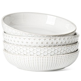 LE TAUCI Pasta Bowl 36 oz, Salad Bowl Serving Plate Bowls, Housewarming Wedding Present, Ceramic Embossment Bowl for Pasta, Fruits, Salad, Noodle, Dinner - 8 Inch, Set of 4, Arctic White