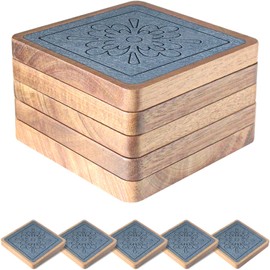 EDEGG Square Coasters for Drinks, Absorbent Coaster Sets of 5, Wood Drinks Coasters for Coffee Tabletop Protection, Non-Slip, Non-Stick, Suitable for Kinds of Cups Wooden Table Drink, 4.1 Inches Grey