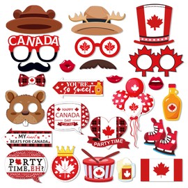 25 Pcs Canada Photo Booth Props with Stick, Canada Flag Photo Booth Props Canada National Day Party Decorations Canada National Day Selfie Props for Canada National Day Canada Birthday Decoration