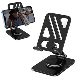 YZLELEQ Adjustable Phone Stand with 360 Rotating Base Portable Foldable Carbon Steel Material Desktop Cellphone Stand Fits All Smart Phones-Black