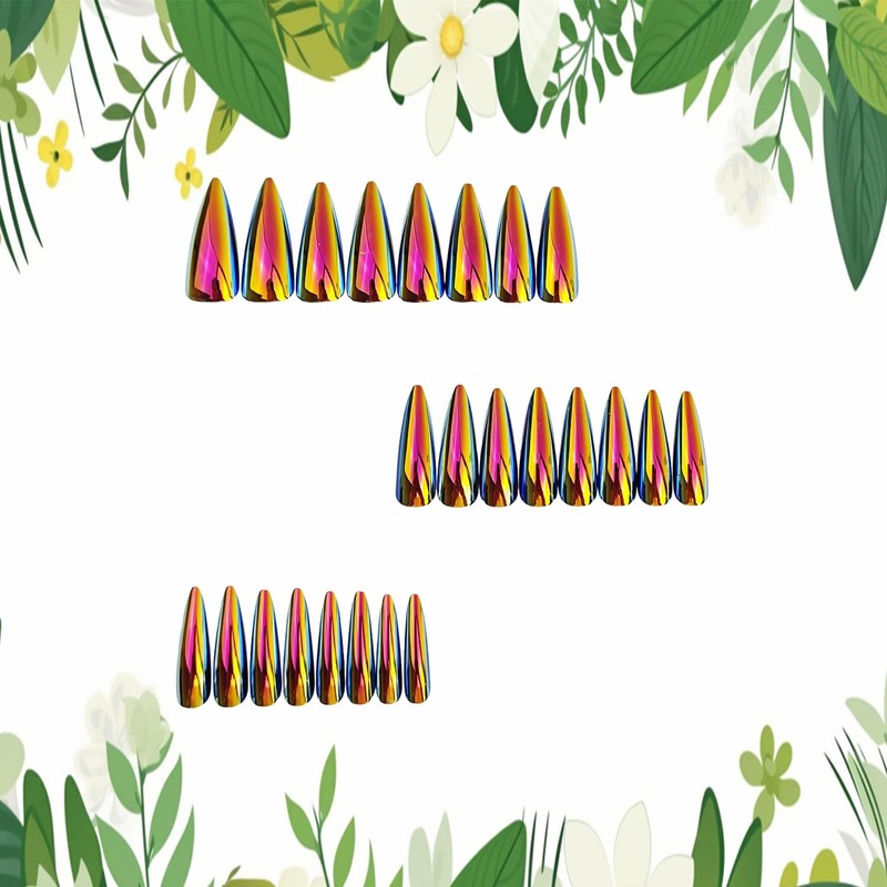 Chrome Press on Nails Medium Length Artificial Acrylic Metallic Laser