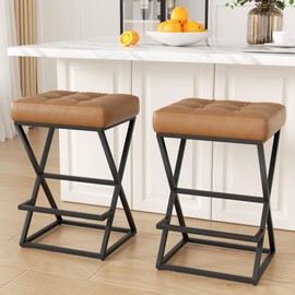 Bar Stools Set of 2, 26" Leather Counter Height Bar Stools Caramel