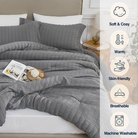 Quataly Grey Full Comforter Set - 3 Pieces Seersucker Lightweight Bedding Comforter Sets (1 Soft Fluffy Comforter & 2 Pillowcases) - All Seasons Cozy Modern Bed Sets for Women Men