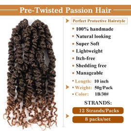 Passion Twist Hair 10 Inch 8 Packs Pretwisted Passion Twist Crochet Hair Pre-Looped Crochet Hair YDDM Short Passion Twist Hair Pretwisted Hair Extension (10 Inches, T1B/30#)