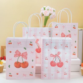 12pcs Cherry Gift Bags with Handles, Cherry Candy Goodie Bag for Birthday Bridal Shower Baby Shower Wedding Party Favor Supplies (8.27 x 5.9 x 3.15 inch)