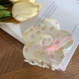 Coquette Floral Patterned Hair Claw Clip with Bows, Pink Floral with Swans, Flower Shaped