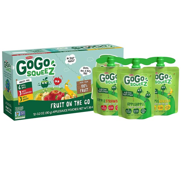GoGo squeeZ Applesauce, Variety Pack (Apple/Banana/Strawberry), 3.2 Ounce (12 Pouches), Gluten Free, Vegan Friendly, Unsweetened, Recloseable BPA Free Pouch