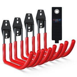 3-H Wall Hooks Heavy Duty 4 Big J Shape Hooks,Ladder Hooks with Extra Welding Spots,Garage Hooks for Hanging,Garage Organizer for Garden Lawn Yard Tools Chairs Ladders WeedEater Shovel Blower(Red)