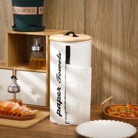 Yoande Farmhouse Paper Towel Holder Metal Countertop Paper Towel Dispenser with Wooden Lid Rustic Paper Towel Holder Distressed White for Home Decor Country Bathroom Kitchen 6.3 x 6.3 x 13.4 Inches