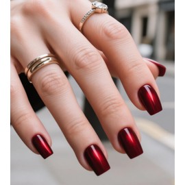 Morily Red Press on Nails Short, Square Shaped Cat Eye Fake Stick on Nails for Women in 16 Sizes, 32 Pcs Reusable Full Cover Artificial False Fingernails