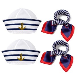 EULAPGOE Pack of 4 Stripes Sailor Hat and Scarf Set, Sailor Hat Captain Hat Navy Hat Blue with White Sailing Hats for Children Marine Costume Accessories, Fancy Dress Party