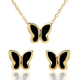 Black Butterfly Pendant Necklace with Butterfly Studs in 18kt Yellow Gold Plated Surgical Stainless Steel | Butterfly Necklace and Earring Set (Black-Yellow)