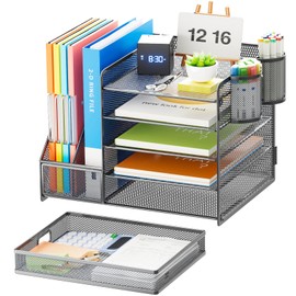 Marbrasse 5-Tier Paper Letter Tray Organizer with Drawer and Pen Holder, Mesh Desktop Organizer and Storage with Magazine Holder for Office Supplies (Grey)
