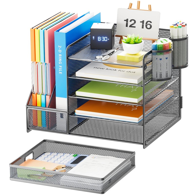 Marbrasse 5-Tier Paper Letter Tray Organizer with Drawer and Pen