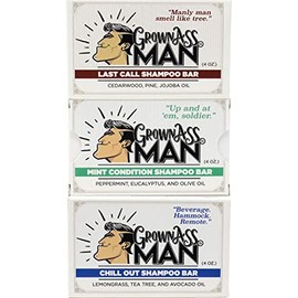 Grown Ass Man Co. - Barra de champú sólida rica en espuma 3 en 1: Gel para cabello, barba y cuerpo - Sin plástico y ecológico, limpieza natural y orgá