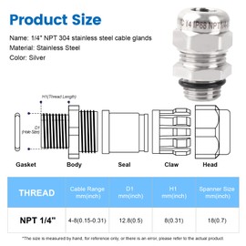 2 Pcs 1/4" NPT Stainless Steel Waterproof Cable Gland, IP68 Waterproof Adjustable Cable Glands, Strain Relief Cord Grip Connectors with Gaskets and Locknut for 4-8mm Cable Diameter