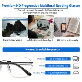 K.LAVER Photochromic Multifocus Progressive Rimless Reading Glasses Men Women Anti Blue Light Transition Multifocal Readers