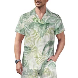 Men's 2 Piece Tracksuit Hawaiian Shirt Shorts Button Down Cuban Neck Shirt and Tropical Beach Shorts Sets with Bucket Hats Leaf Green L