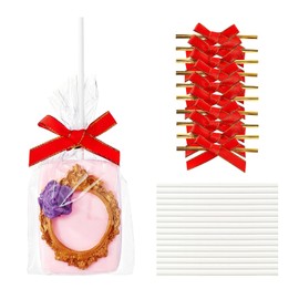 50 Sets Clear Rice Krispie Treat Bags with Red Ribbon Bow and Stick & Flat Cellophane Clear Bags for Rice Krispie Treats Gift Giving Bag(Red)