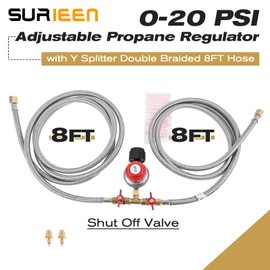 SURIEEN 0-20 PSI Adjustable High Pressure Propane Regulator with Hose, 8FT Y Splitter Double Braided Hose with 1/8" MNPT Pipe Fitting for Double Propane Outdoor Burner, Turkey Fryer, Cooker