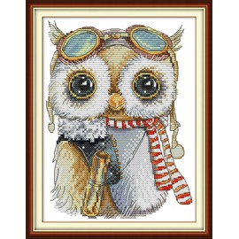 Stitchmelody Stamped Cross Stitch Kits for Beginner,11CT Printed Pattern Embroidery Kit for Adults,DMC Threads Easy Stitch Needlepoint Kits, Cute Owl 9.4''X13''