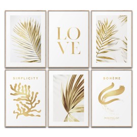 Print4Look Love Gold Wall Pictures Living Room Palm Trees Poster Set White Gold Wall Decoration Pictures Bedroom Decoration Hallway Office (6 x DIN A4 (21 x 29.7 cm))