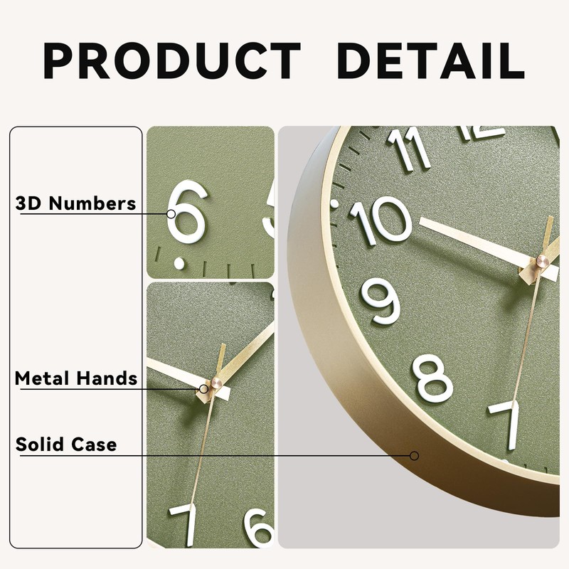 Roymnie Wall Clock 14 Inch Silent Green Wall Clocks Battery