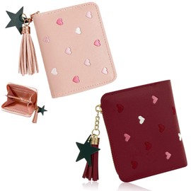 2 Pcs Purse for Girls, Tassels Leather Coins Pocket Pink Wallet, Girls Purse with Embroidered Heart Kids Wallet, Cute Wallet for Teens Girls Women (Jujube Red, Pink)