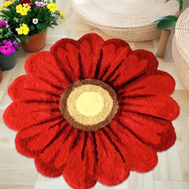 Lacomfy Daisy Floral Bathroom Rug 3Ft Circle Bath Mat Boho Round Flower Shape Bedroom Carpet for Girls Kids Room Farmhouse Doormat Kitchen Sink Mat, Easy Washable, Nonslip, Thick, Plush, 35.4in, Red