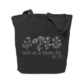 GXVUIS Consider How the Wildflowers Grow Canvas Tote Bag for Women Bible Verse Reusable Grocery Shopping Bag Christian Gift, Black, Large