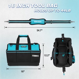 DURATECH 16-Inch Heavy Duty Tool Bag with Waterproof Hard Bottom, Tool Bag Organizer Wide Open Mouth with 18 Pockets, Portable Toolbag for Men Mechanic Electrician Plumber HVAC