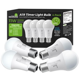 NEOROSS Upgraded Timer Light Bulb, 100W Equivalent A19 LED with 12/9/6/3H Auto Off or Always-On Mode, 11W 5000K Daylight, 1200LM, E26 Base, No App/WiFi Needed, Indoor Outdoor Security Light, 4 Pack