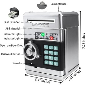 Piggy Bank Electronic Mini ATM for Kids,Money Safe Box Cash Coin Can Password Code Lock for Kids-Hot Gift,Best Present for Children Boys Girls (Silver) - Color: Silver