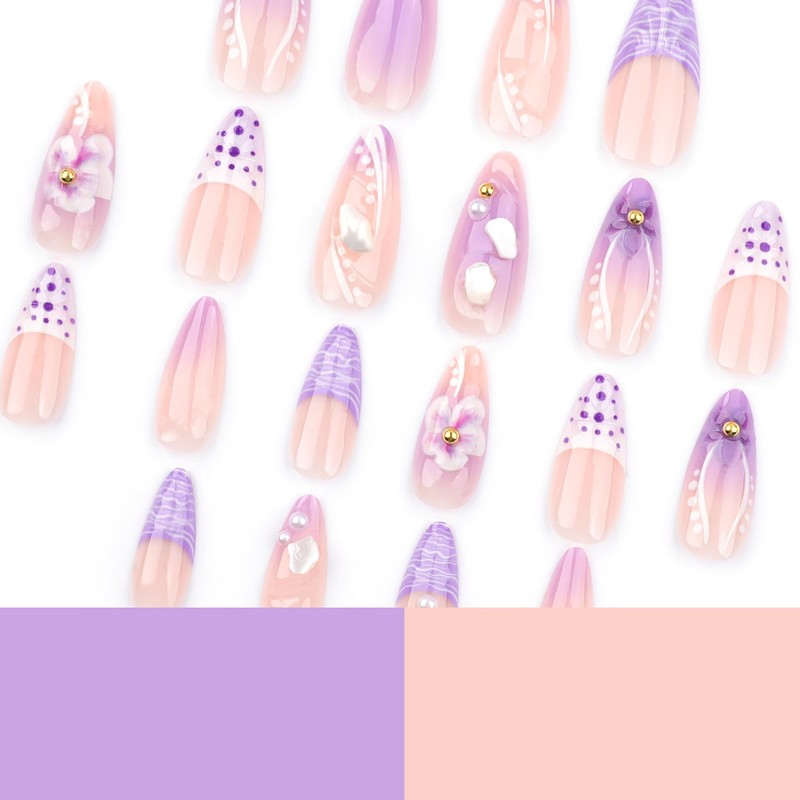 Purple Press on Nails French Tip Fake Nails Medium Almond