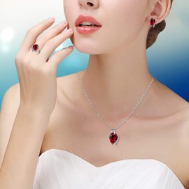 Uloveido Fashion Wedding Anniversary Jewellery Set for Women Pear Shape Red Purple Crystal Necklace Stud Earrings Ring Jewellery Set for Girls T300, Metal,