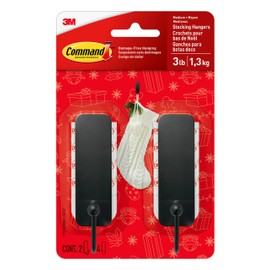 Command Medium Matte Black Stocking Hangers, Ornament Hooks for Christmas Decorations, 2 Damage Free Wall Hooks with 4 Command Strips, Great for Room Decor and Home Decor