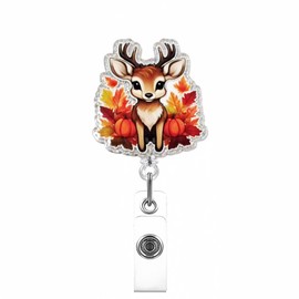 Fall Badge Reel Cute Reindeer Retractable Badge Holders Autumn Pumpkin Maple Leaves Acrylic with Alligator Clip Id Name Badge Holder for Nurse Doctor Medical Office Worker