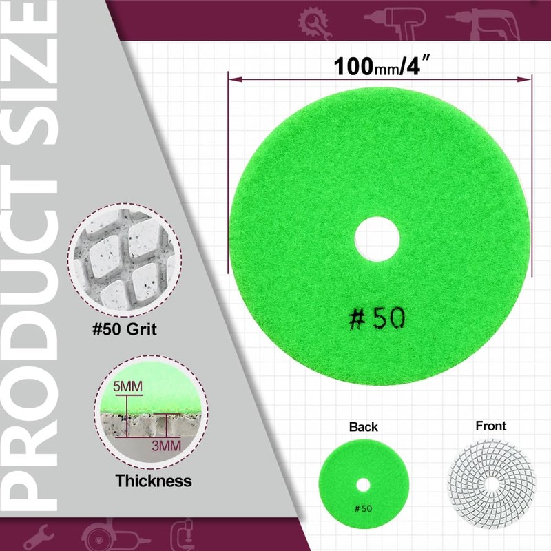 QUEFORET Diamond Polishing Pads Grit 50-6pcs Wet Sanding Discs 100mm