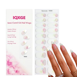 IQXGE 20Pcs Flower Semi Cured Gel Nail Strips Summer Self Adhesive French Tip Gel Nail Stickers UV/LED Light Needed Long Lasting Nails Wraps Waterproof Glossy Nails Polish Strips with Design for Women