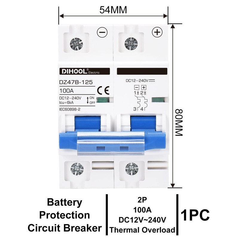 DIHOOL DC Circuit Breaker,100A 2 Pole,12V to 240 Volt Solar