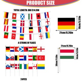 Euro Flag Bunting and Euro Flag Small for Euro Football 2024, 1 Piece 8 m - 14 x 21 cm Flags Bunting + 24 Pieces 14 x 21 cm Hand-Held Flags, 24 Countries Double-Sided Banner Party Decoration
