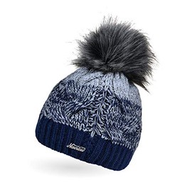 Neverless® Women's Knitted Hat, Lined Fleece Lining, Fur Pom Pom, Faux Fur Winter Hat, Bobble Hat, Cable Knit, Multicoloured - 12147 navy/light grey