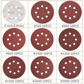 Aewio 80 Pcs 5 inch 8 Holes Sanding Discs #320 - #3000 (320 600 800 1000 1200 1500 2000 3000 Each Grit 10 Pcs) for Random Orbital Sanders (80 Pcs #320 - #3000)
