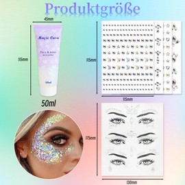 Festival Glitzer Gesicht Set, Body Glitter Gel*1 Glitzersteine Gesicht*3 Glitzersteine Selbstklebend*4, Festival Make Up, Für Gesicht Haare Lippen Nägel Make Up Kosmetik Party Festival Zubehör