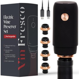 Vin Fresco Electric Wine Preserver - Rechargeable Vacuum Wine Preservation Device - Automatic Wine Air Remover Pump for Kitchen - Color: Black & Rose Gold
